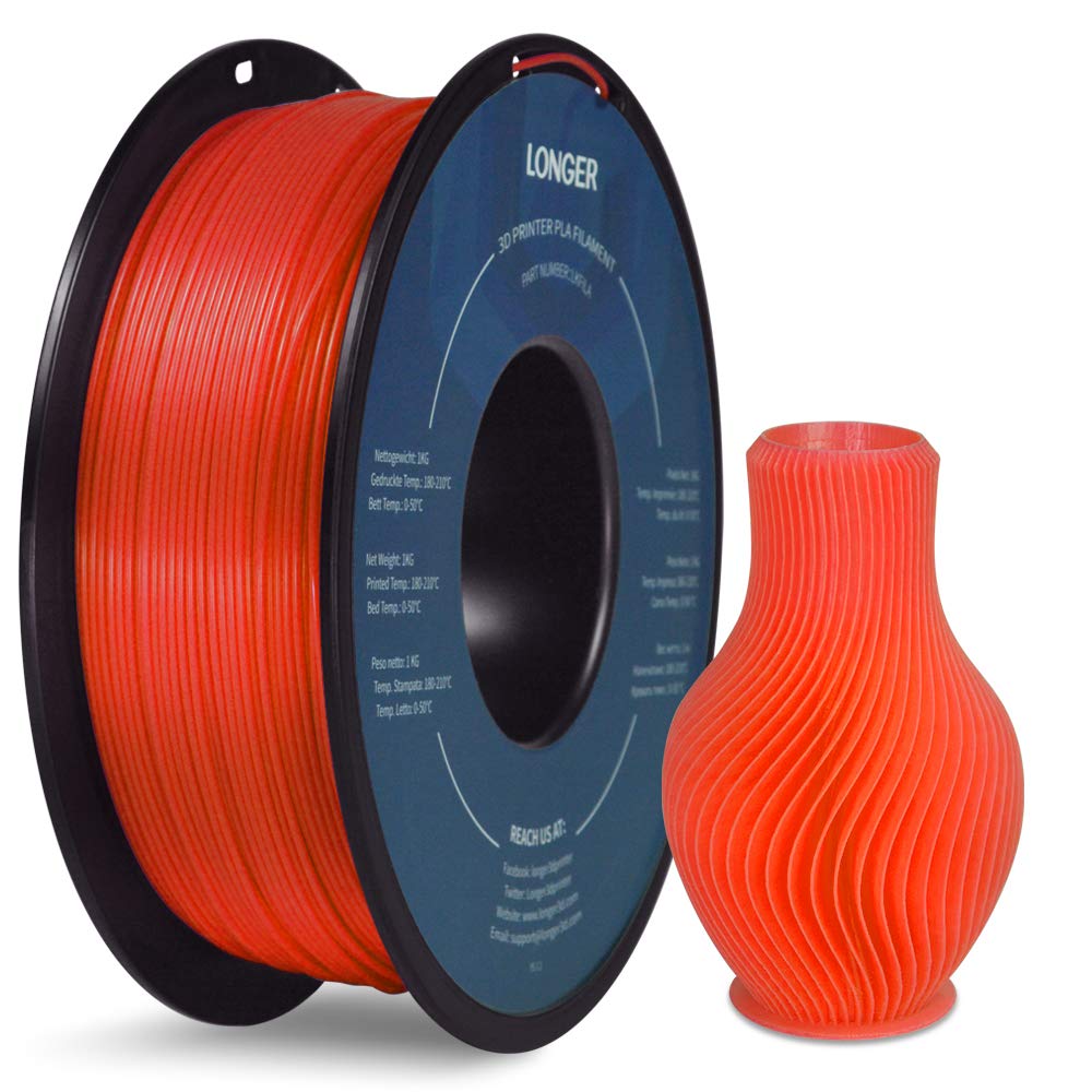 LONGER PLA 3D Printer Filament 1.75mm, Dimensional Accuracy +/- 0.02 mm, No Tangle, Environmental Friendly, Widely Compatibility ((Red, 1KG)