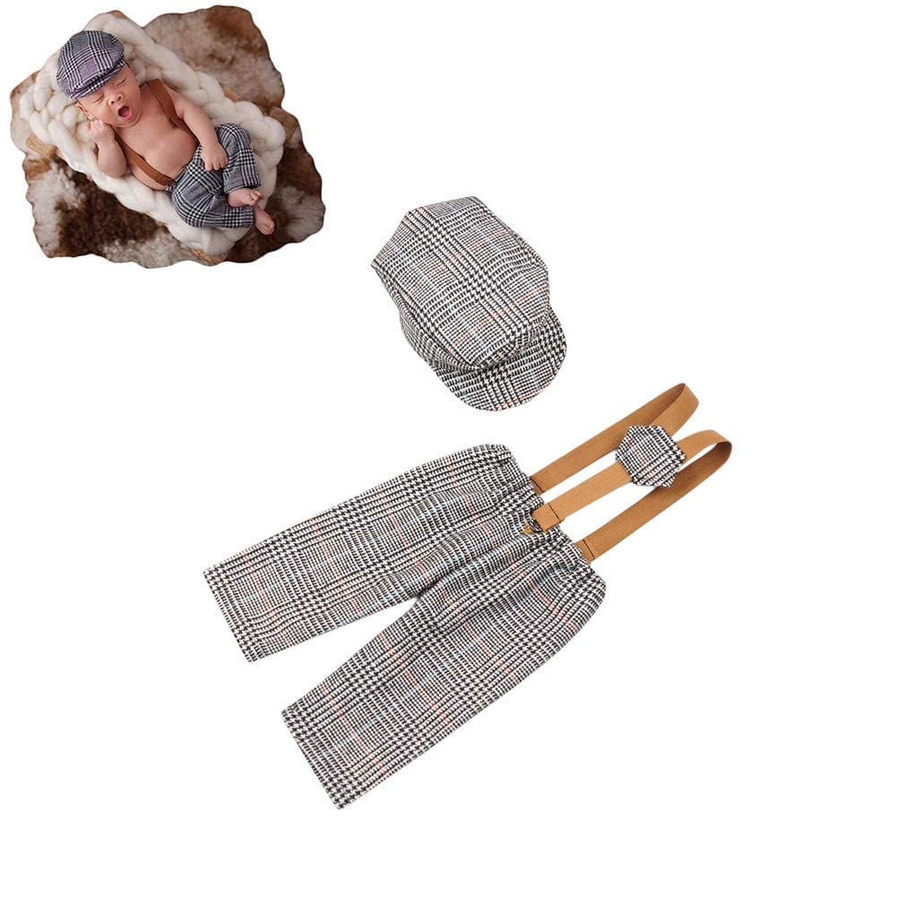 Coberllus Newborn Monthly Baby Photo Props Stripe Cool Boys Cap Rompers Photography (Middle Gray)