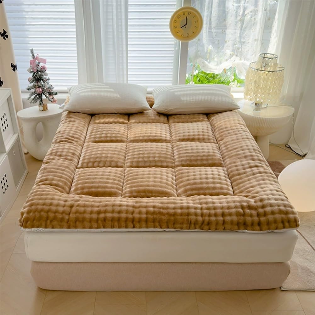 Japanese Futon Mattress,2025new Extra Thick Faux Wool Finish Fluffy Floor Futon Mattress, Super Soft Roll Up Tatami Mat, Foldable & Portable Floor Bed Sleeping Pad(Brown,90x200cm/Twin)