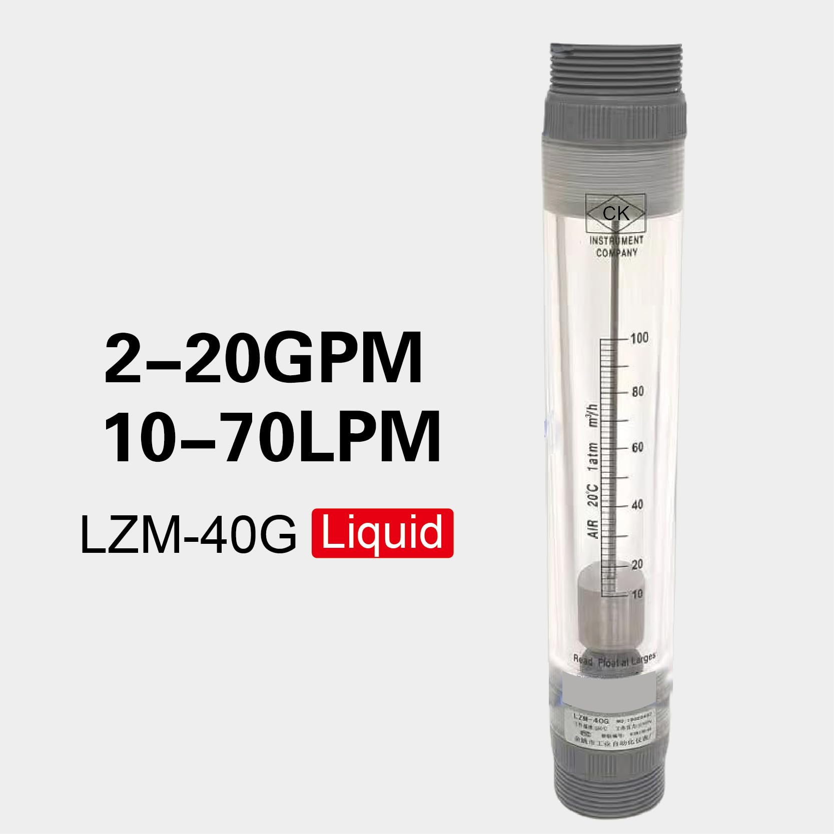 Caudalímetro Electromagnético Medidor de flujo rotámetro LZM-40G, medidor tubería acrílica for agua pura, gas líquido, industrial, mecánico ajustable(2-20GPM 10-70LPM)