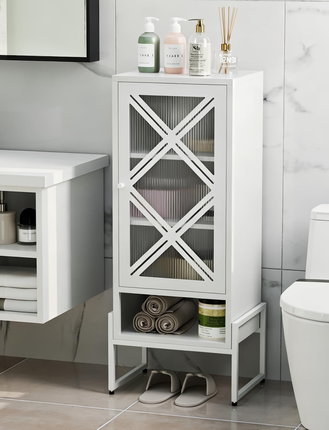 Metal Storage Cabinet with Adjustable Shelves, 42.51"H Freestanding Organizer for Pantry, Kitchen, Bathroom & Laundry Room, Strong & Rust-Resistant, Easy Assembly (White+Transparent Door Panel)