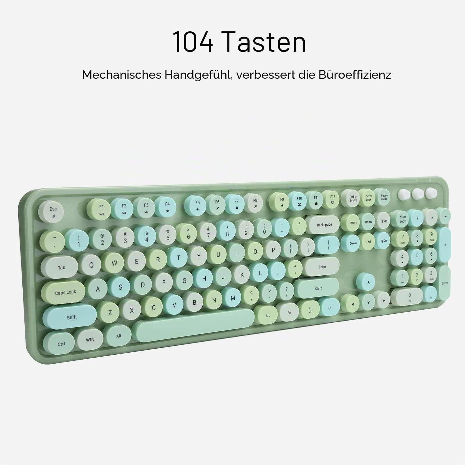 Set aus kabelloser Tastatur und Maus, leise, langlebig, ergonomisch, leise, diskret, 104 Tasten im Retro-Stil, abgerundet, mit USB-Empfänger, Pastellgrün, für XP/Win7/Win8/Win10