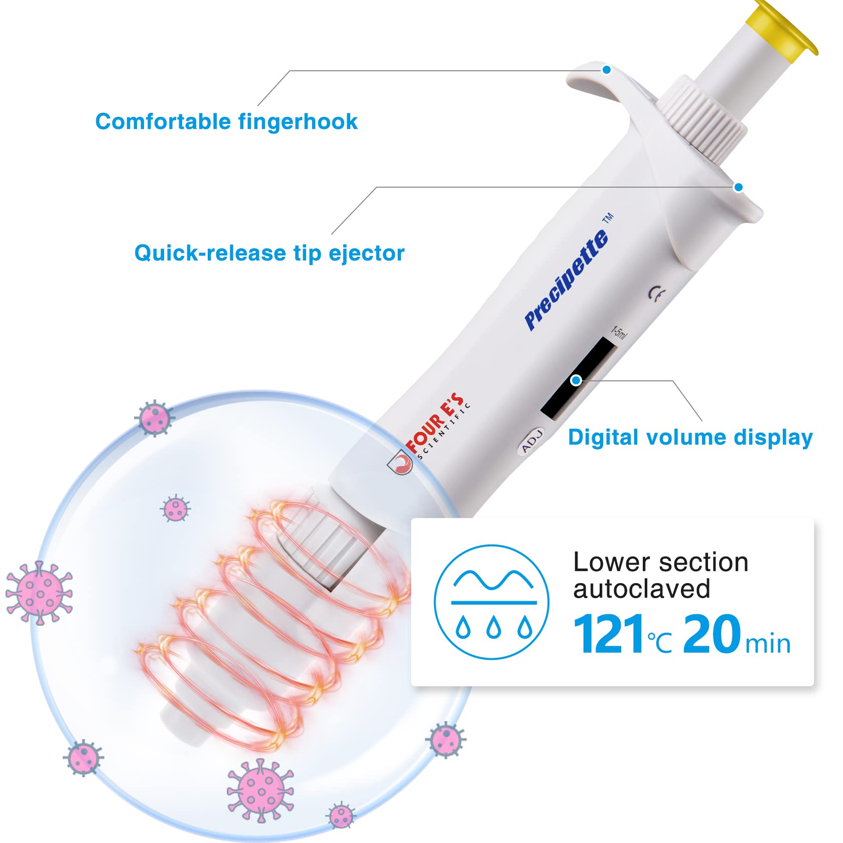 Micropipeta de alta precisión de 1 a 5 ml, pipeta de un solo canal de volumen ajustable de 5 ml, pipeta de líquido manual para laboratorio y escuela científica