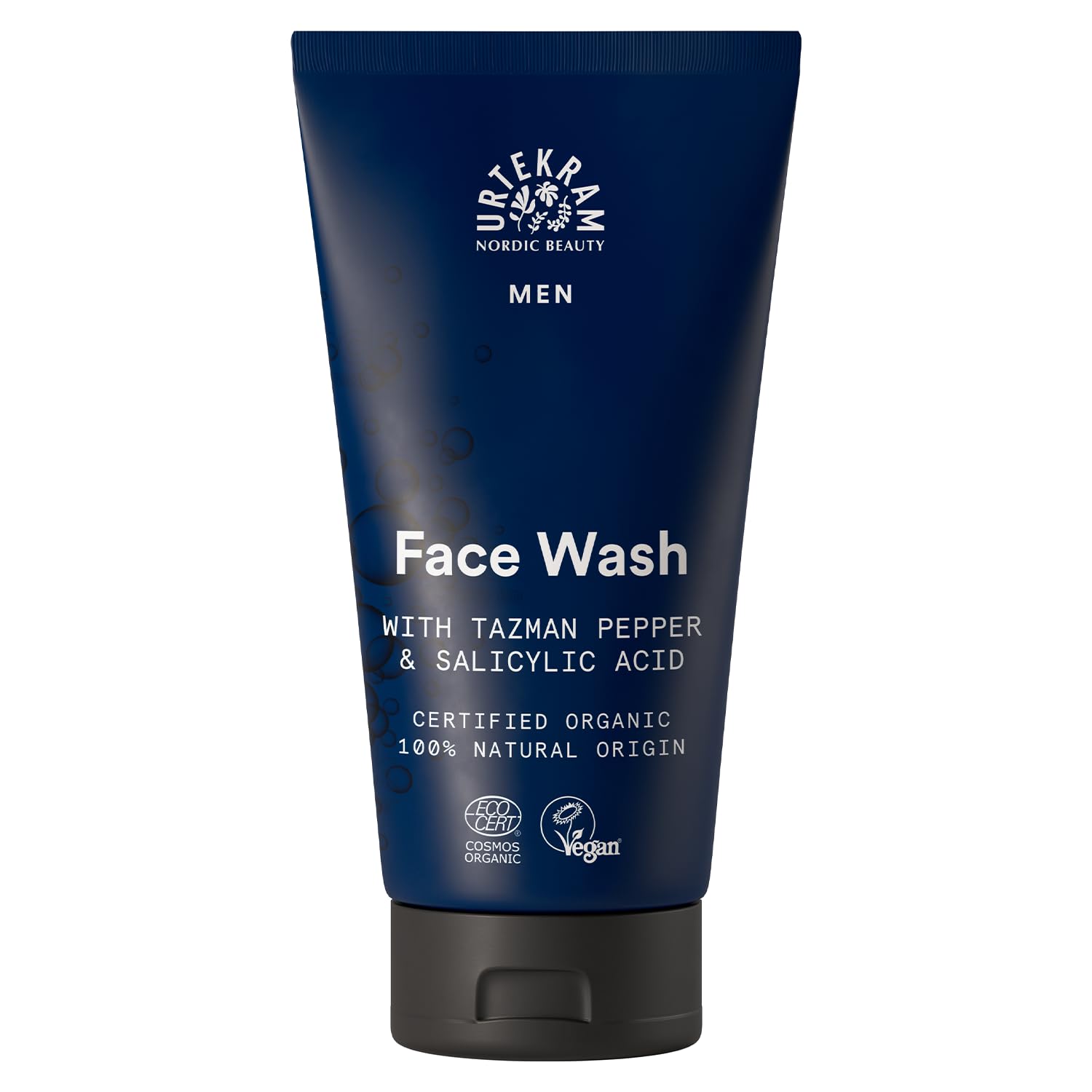 Urtekram - Men's Gel Limpiador Facial Hidratante Para Hombres, Pimienta Tazman y Ácido Salicílico, Elimina Eficazmente las Impurezas, Para Lavado Diario,150 ml. Origen Vegano, Orgánico y Natural