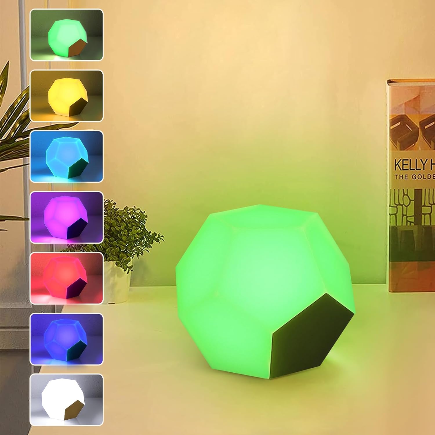 POPUBABI Dodecahedron Table Lamp, Cool 7 Color RGB Desk Lamp, Cordless Rechargeable LED Desk