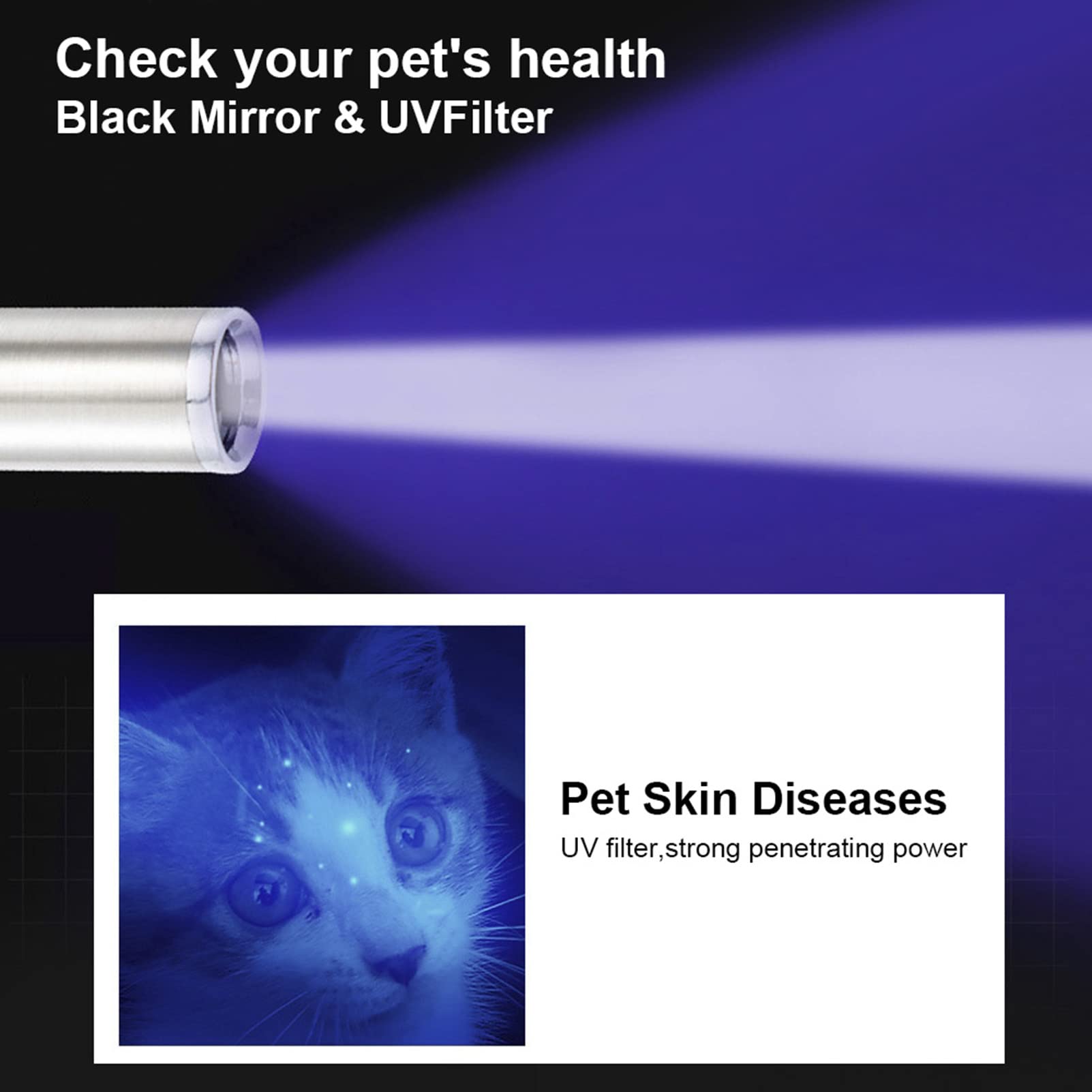 Lámpara De Madera Veterinaria Detección De Hongos para Mascotas Linterna a Prueba De Agua Piel Luz Ultravioleta Cat Moss Tinea Light 365 UV Espejo Negro, Luz De Detección De Musgo De Gato