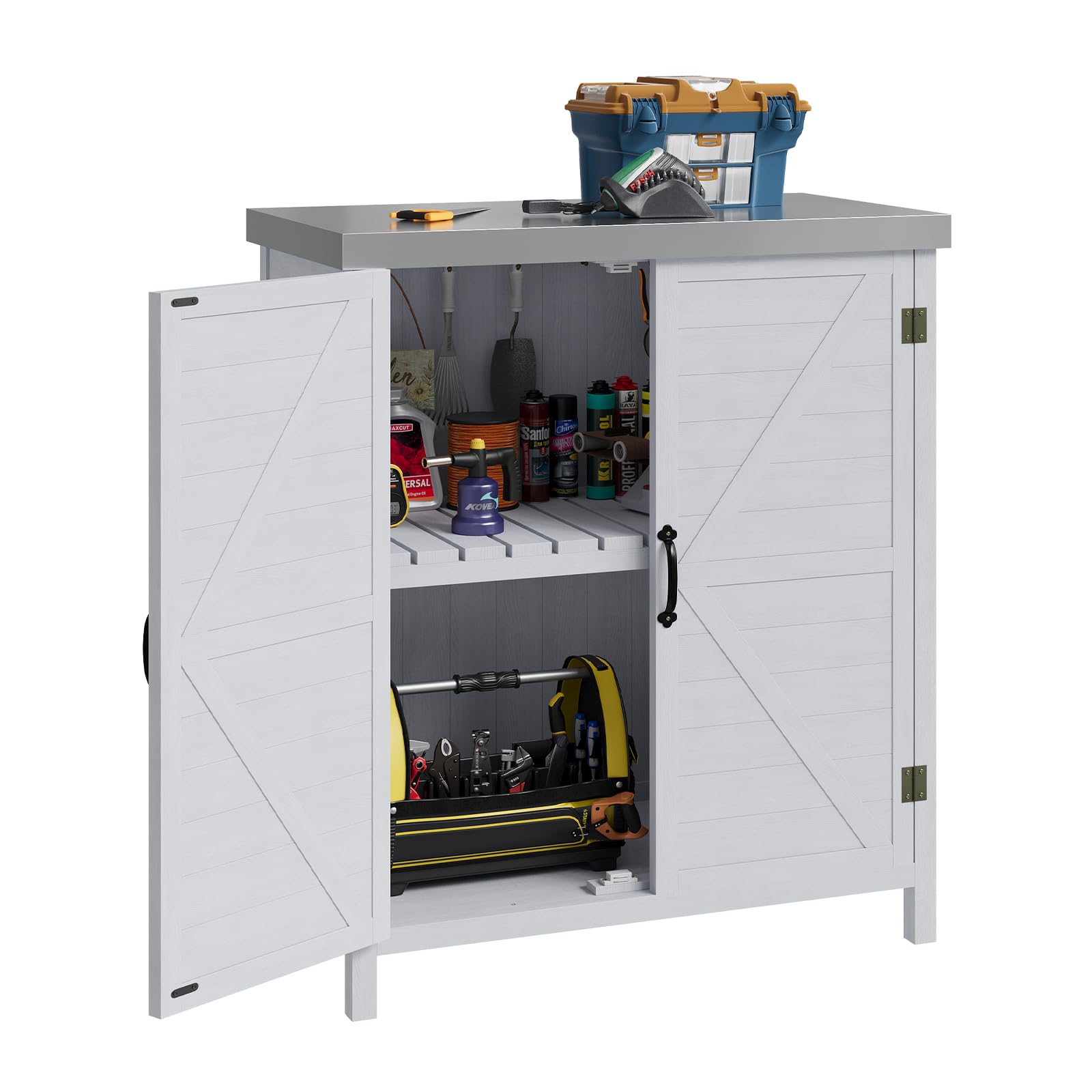 Aoxun Wetterfester Gartenschrank Holz 79x43x91cm Doppeltüren Abnehmbarer Trennwand Außenschrank verzinkter Tischplatte Geräteschuppen