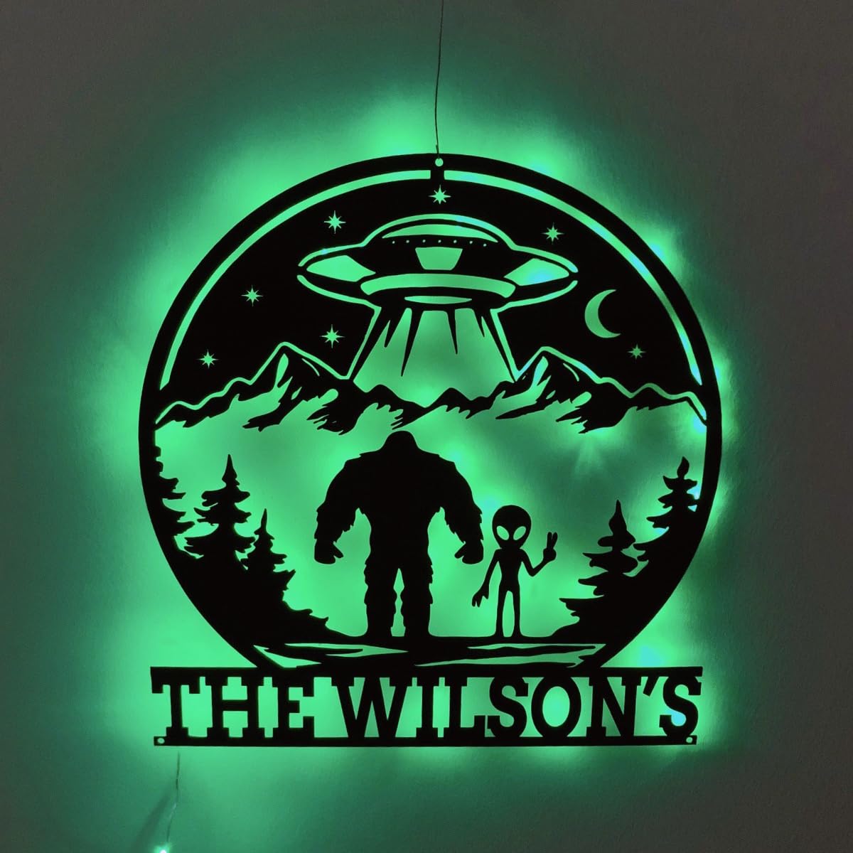 Custom Bigfoot And Alien Under UFO Metal Wall Decor