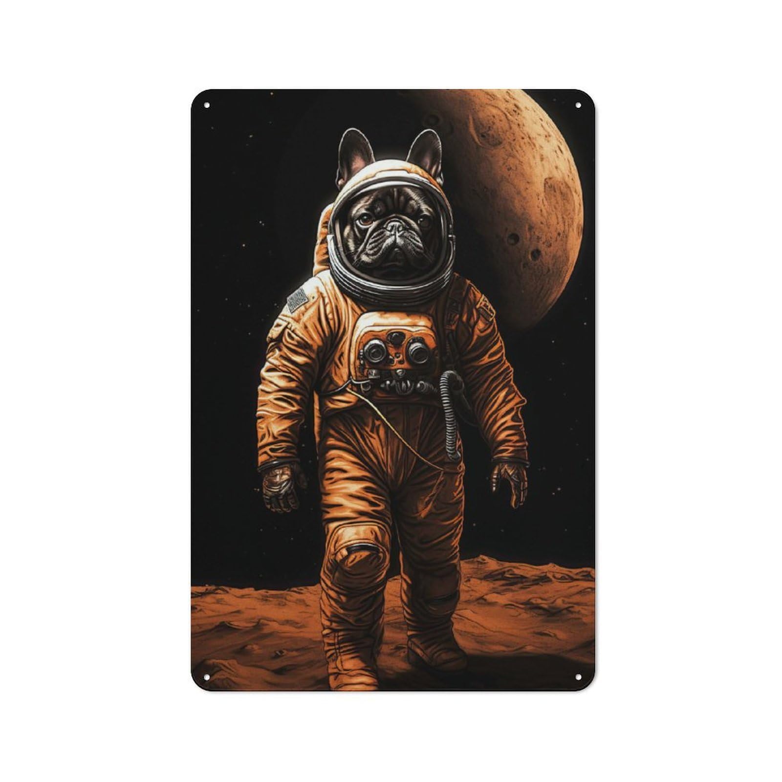 Junmoney Style-16 Metal Wall Sign 30X20cm Featuring French Bulldog Dog On Mars For Café Or Home Bar, A Winter Wall Decor Update For Hospitality Decor Collectors
