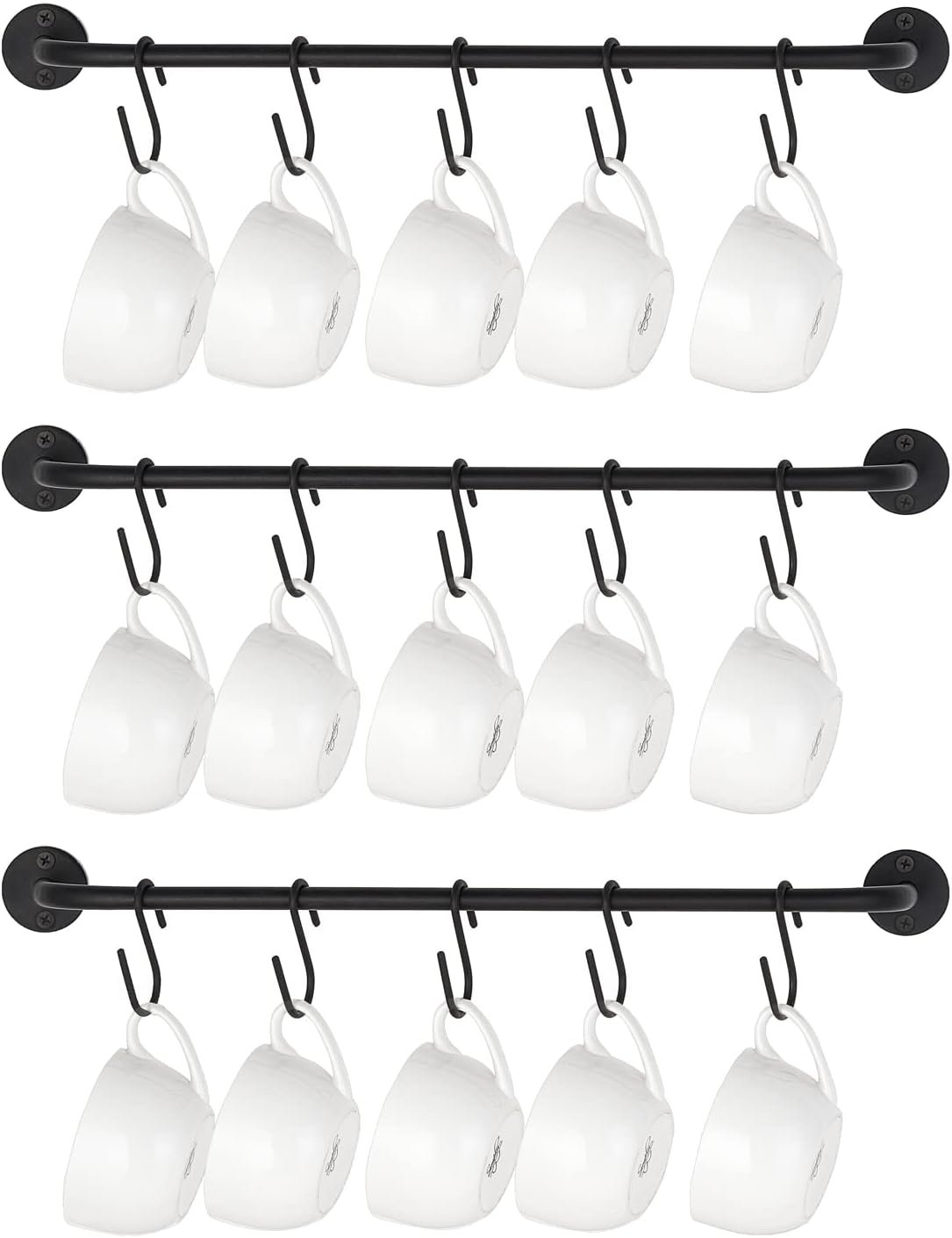 Mkono Mug Holder Wall Mounted Coffee Cup Rack Hanger Modern Metal Wall Rack with 15 Mug Hooks Rustic Utensil Tea Cups Storage Organizer for Kitchen Dining Room Coffee Bar, Set of 3, Black 3 Black