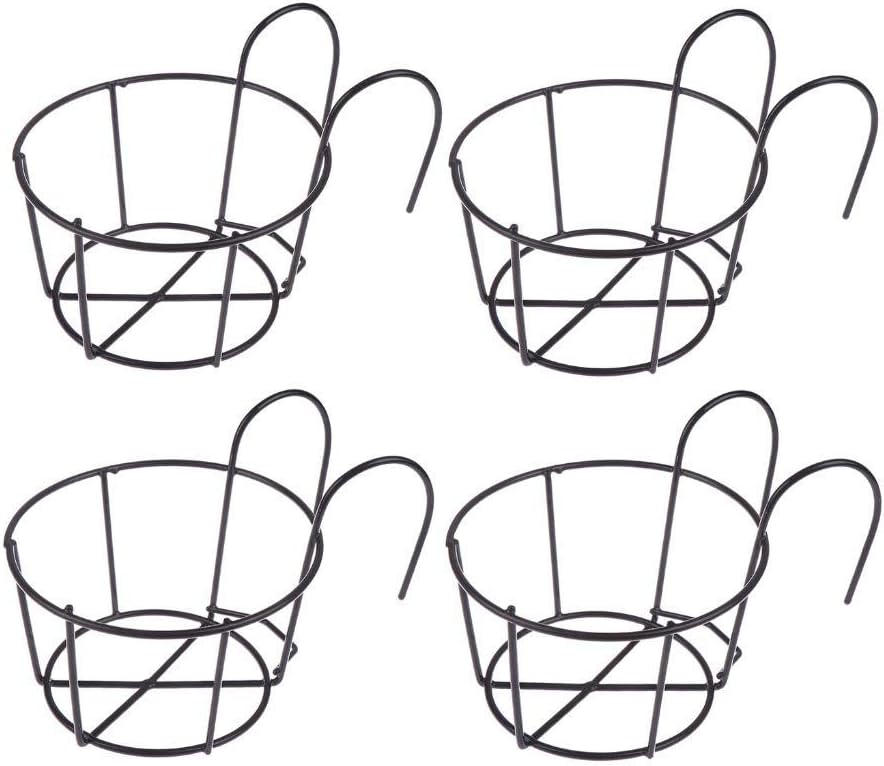 4 Pack Hanging Railing Planters Flower Pot Holders Plant Iron Racks Fence Metal Potted Stand Mounted Balcony Round Plant Baskets Shelf Container Box for Indoor&Outdoor Use-Black,Garden Steel Pots,6.3"