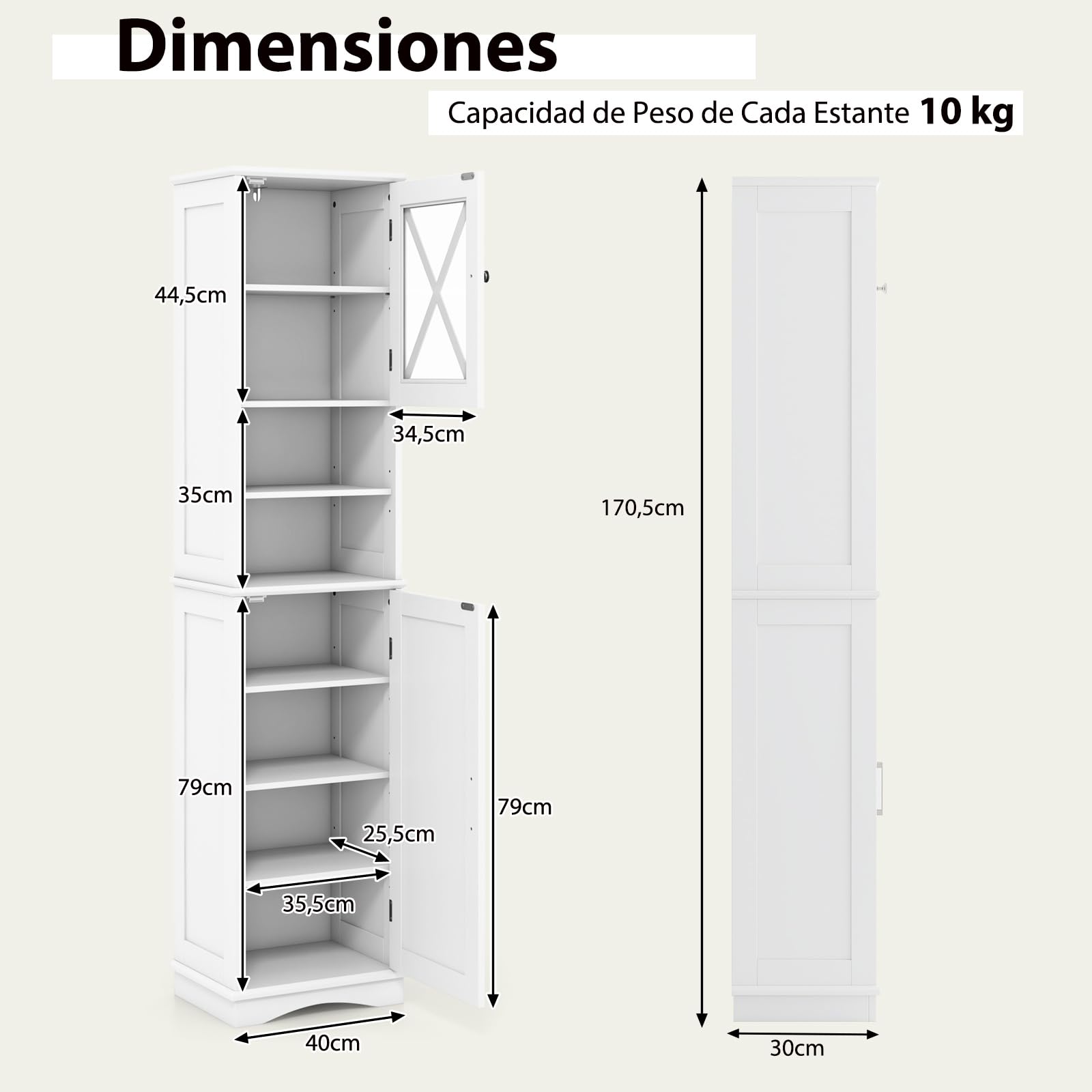 COSTWAY Armario Alto, Mueble Columna de Baño con 2 Puertas y 2 Compartimentos Abiertos, Armario Independiente de Despensa con 5 Estantes Ajustables, Mueble Estrecho con Dispositivo Antivuelco