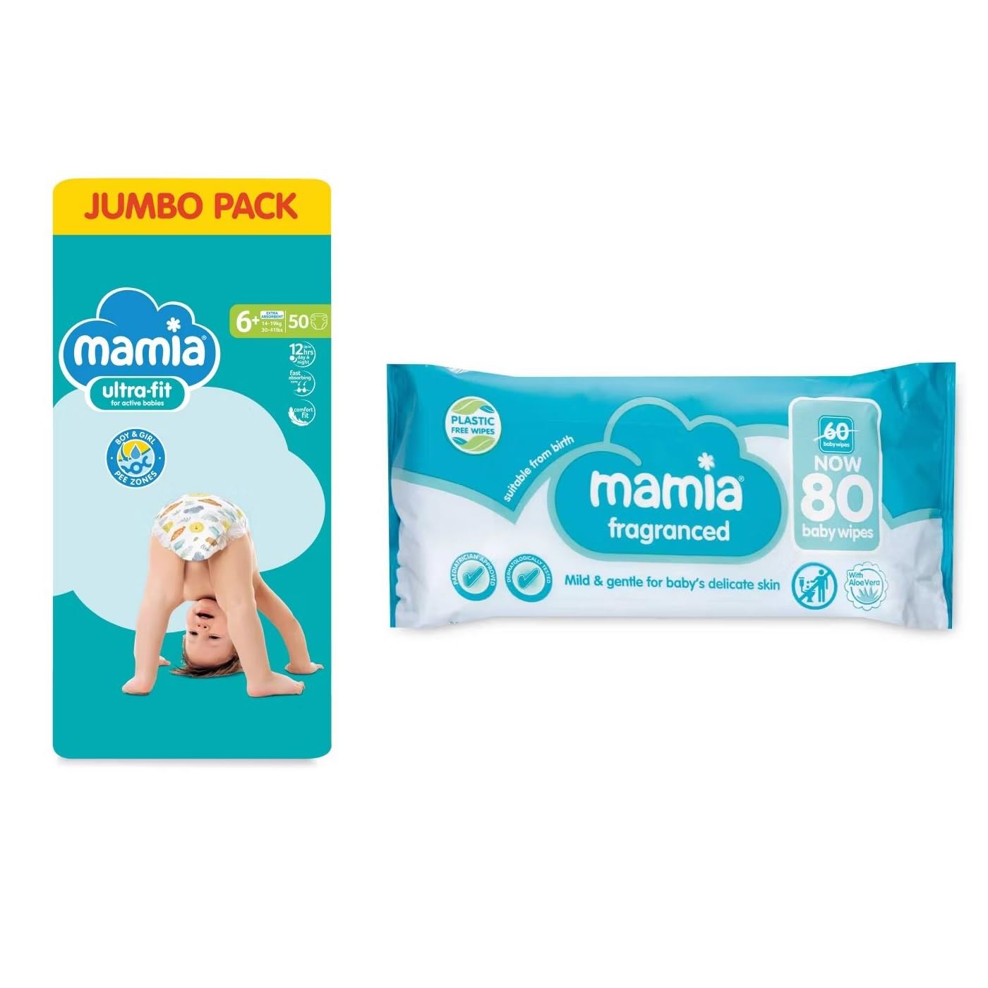Mamia Size 6+ Jumbo Nappies (50 Pack) + Mamia Fragranced Baby Wipes (80 Pack) | Extra-Absorbent DryFast Nappies & Freshly Scented Wipes for Gentle Baby Care