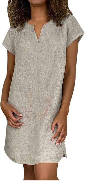 Dresses for Women 2025 Casual Spring Casual Cotton Linen Dress Summer Loose V Neck Short Sleeve Boho Tshirts Dress