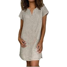 Dresses for Women 2025 Casual Spring Casual Cotton Linen Dress Summer Loose V Neck Short Sleeve Boho Tshirts Dress