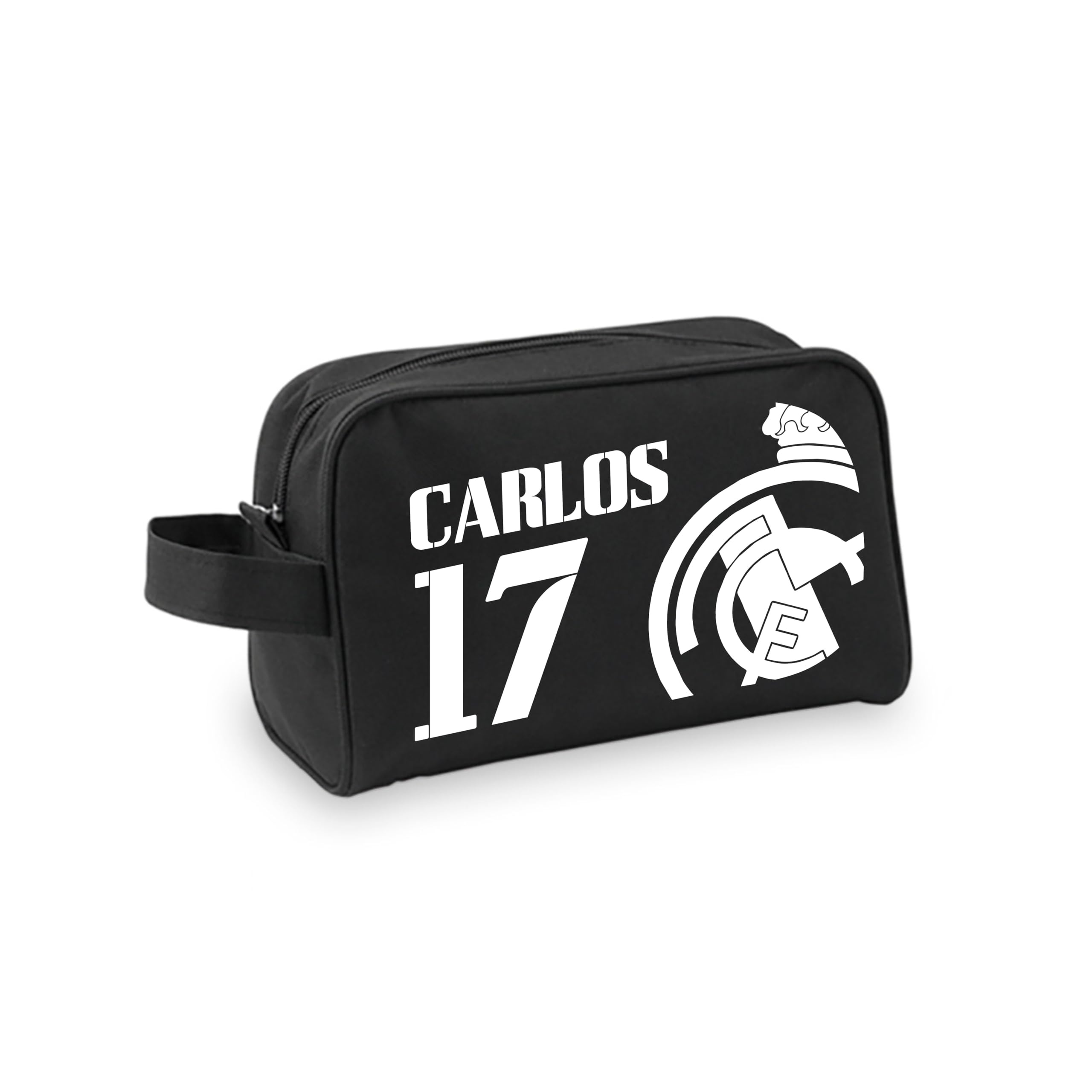 ARONE TEXTIL Neceser de Futbol Madrid personalizado - Neceser infantil personalizado de futbol- Neceser escolar de futbol - Neceser Portatodo deporte o colegio (Negro)