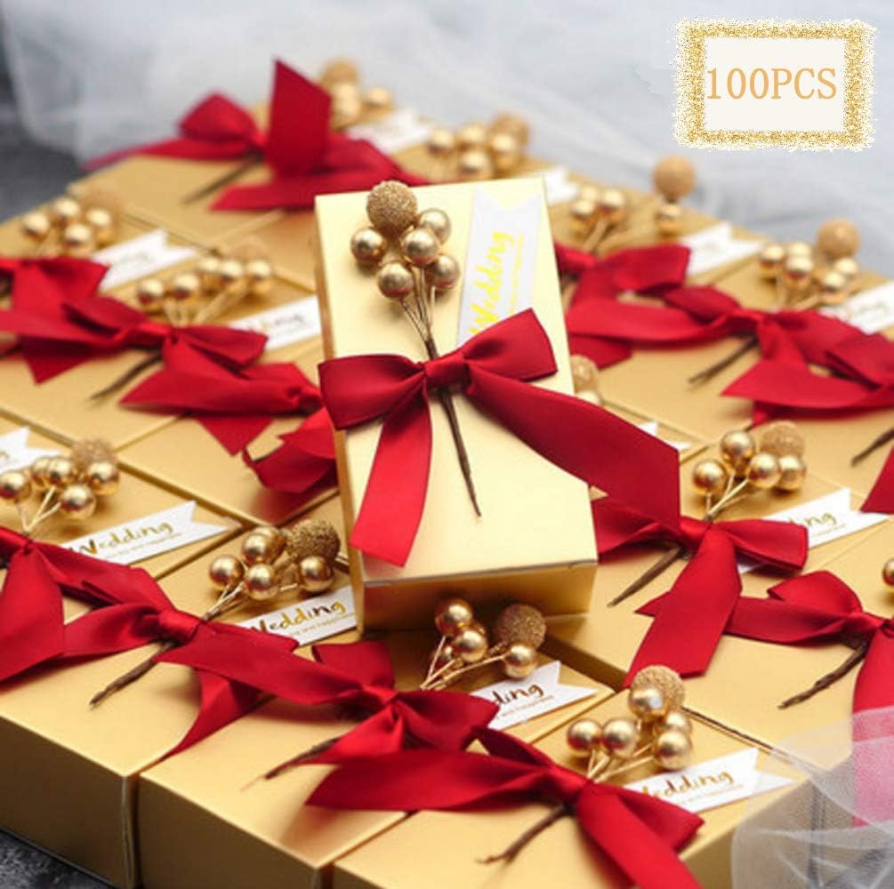 100pcs Gold Favor Boxes with Wedding Tag and Ribbon, Favor Sweet Boxes Wedding Candy Box for Bridal Shower Birthday Party (Red)