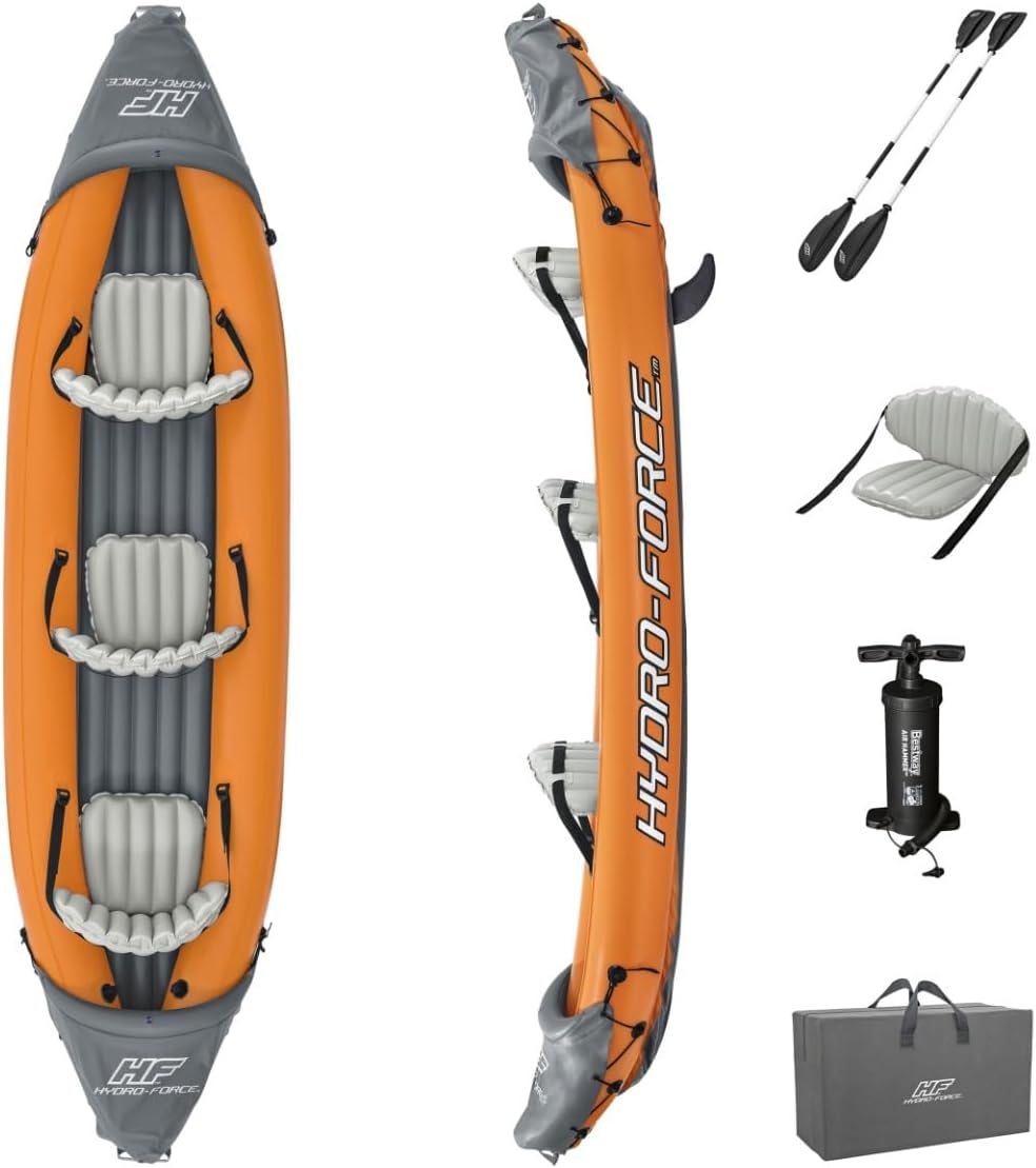 Bestway Hydro-Force Rapid X3 Kayak Dinghy Set with Hand Pump, Paddle, Seats, Fins and Storage Bag, Three Seater