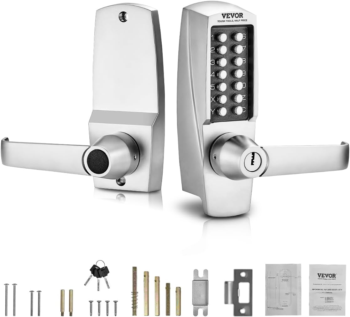 VEVOR Mechanical Keyless Entry Door Lock, 14 Key, Mechanical Keypad with Handle, Stainless Steel Waterproof Keyless Gate Lock, for Home Office Outdoor Garage