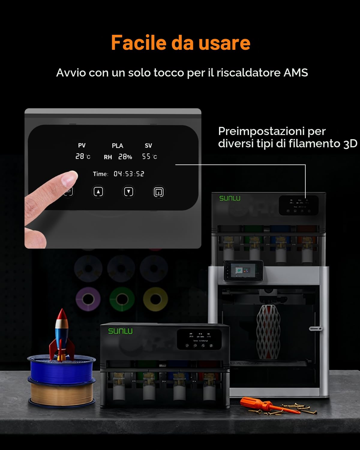 SUNLU Ufficiale AMS Heater, Asciugatura e Stampa Simultanea, Asciugatore per filamenti per stampante 3D per AMS Gen 1, Controllo Umidità Intelligente, 70°C in 20 Min, Capacità 4 Bobine