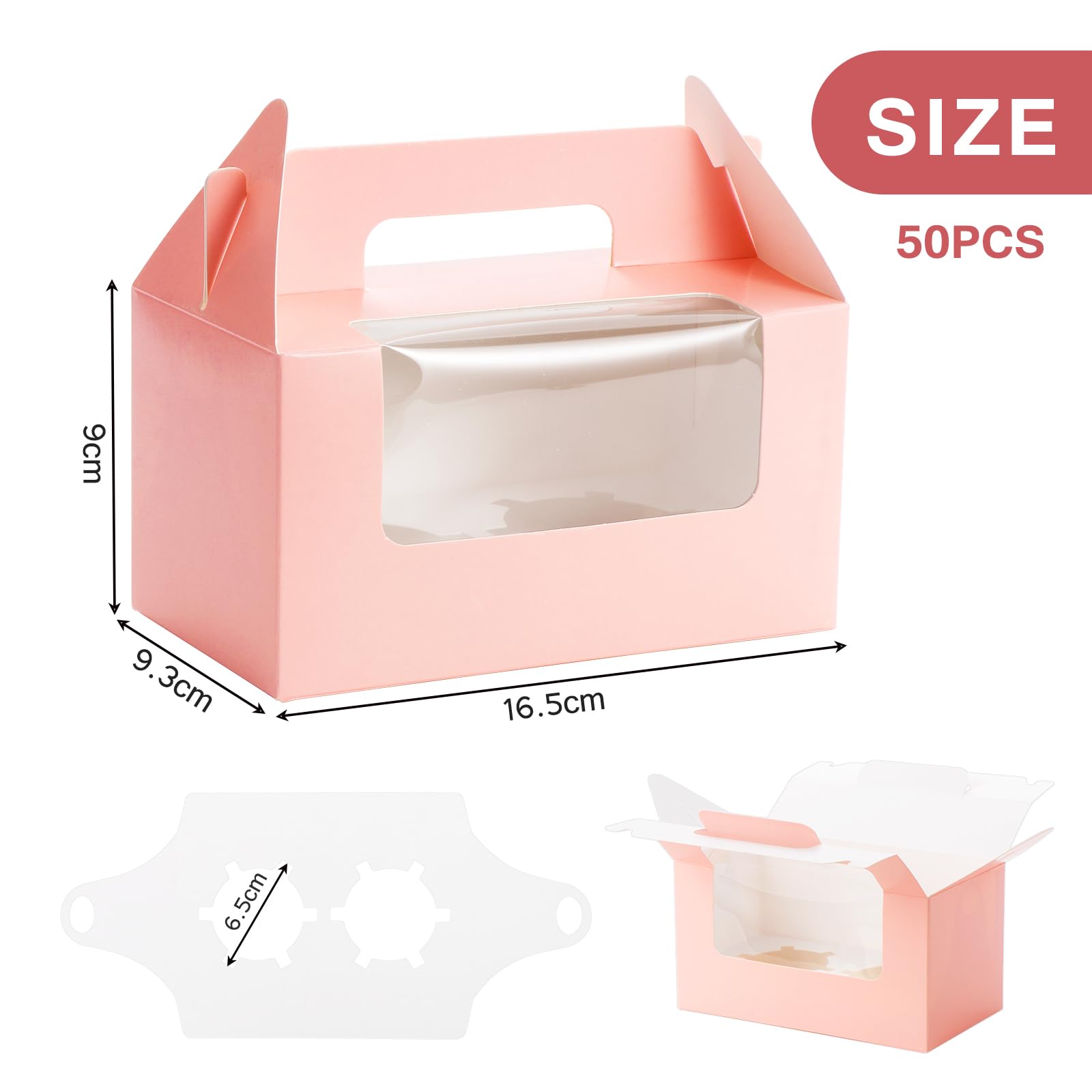 100 Scatole Per Cupcake Rosa Con Finestra E Manico – Contenitori Monoporzione In Cartone Per Pasticceria, Bomboniere E Feste - 2