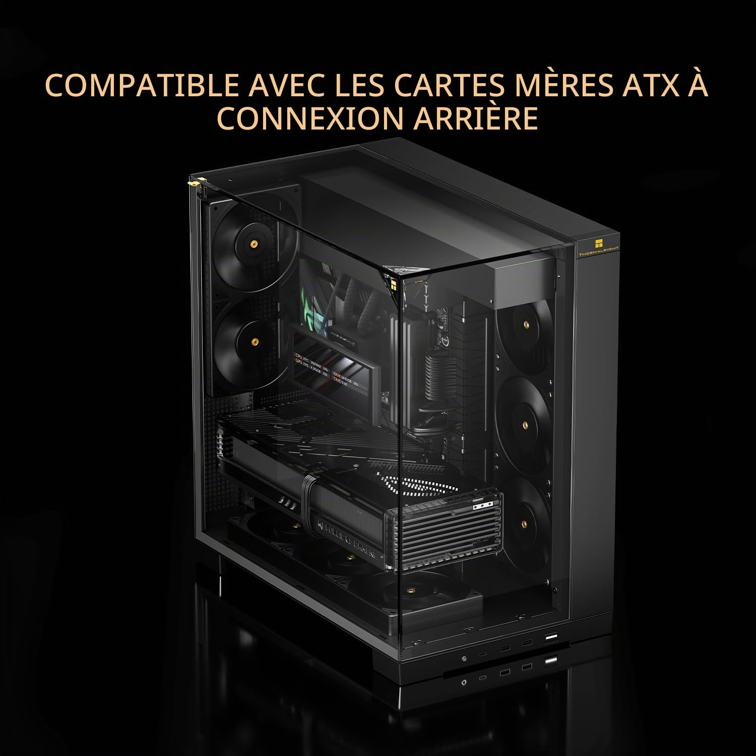 Thermalright A70 Châssis PC - 270° Panorama - Verre Trempé ATX Tour Midi, supporte Carte mère ATX/GPU 420mm, Gestion des câbles cachée - Noir