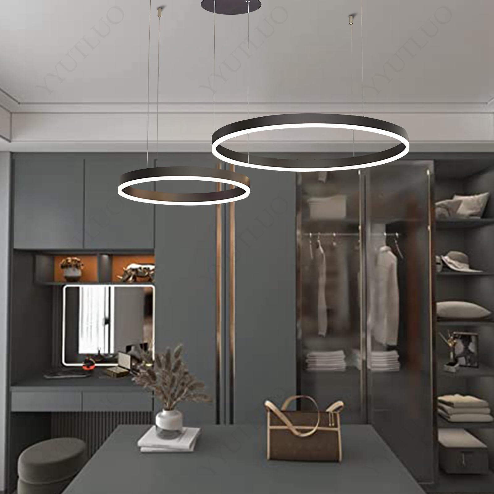 YYUTLUO Modern DIY Circle LED Chandelier | 2 Black Rings:40+60cm=40W | Metal + Acrylic LED Pendant Lighting, 2.4G Dimmable Remote Control | Round Ceiling Hanging Lamp, Living Room Bedroom — image 1