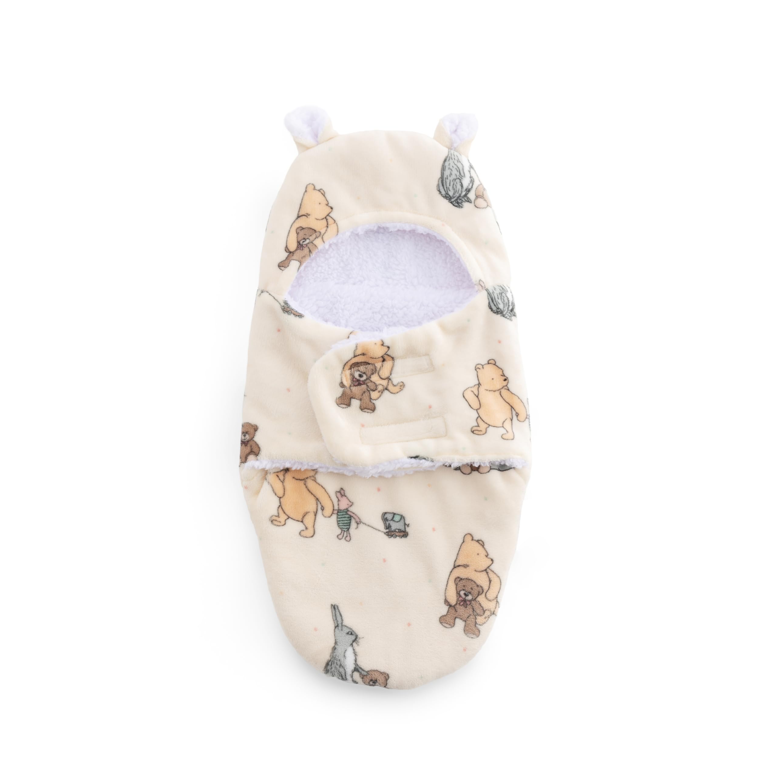 Berkshire Sherpa & Loftmink Baby Swaddle - Hooded Pooh Sleep Sack with Fuzzy Bear Ear Details - Classic Pooh Prints for Newborns Infants 0-3 Months(