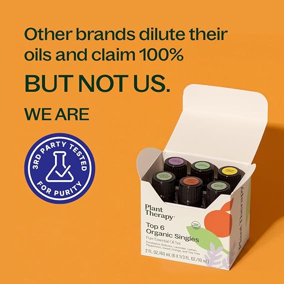 Plant Therapy Top 6 USDA Organic Essential Oil Set for Diffusion & Topical | Includes Lavender, Peppermint, Eucalyptus, Lemon and Tea Tree Pure Essentail Oils, 10 mL (1/3 oz) Each