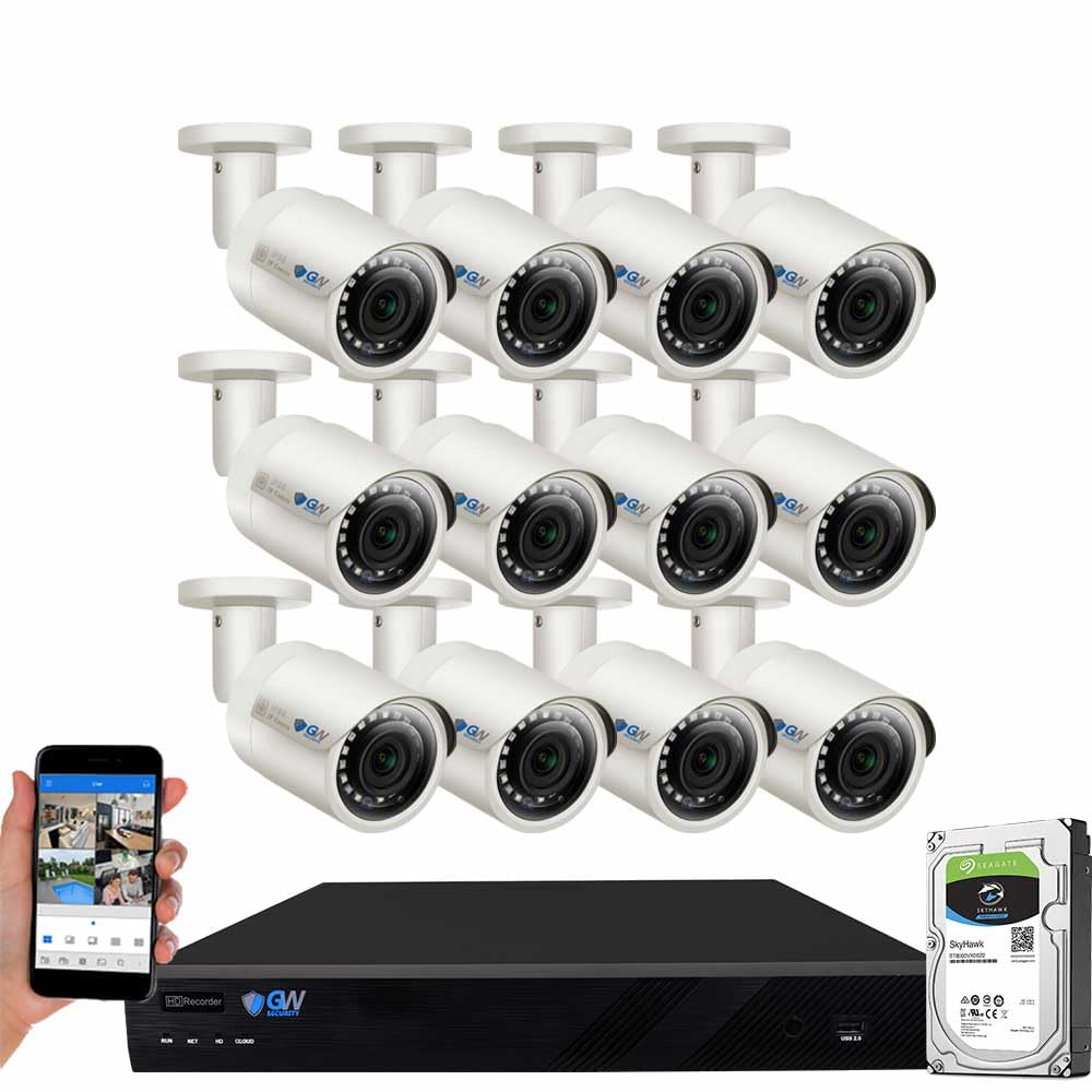 GW Security 16 Channel 4K NVR 5MP POE Audio & Video Smart AI Security Camera System - 12 x 5MP 1920P Weatherproof Bullet Cameras, Built in Microphone,