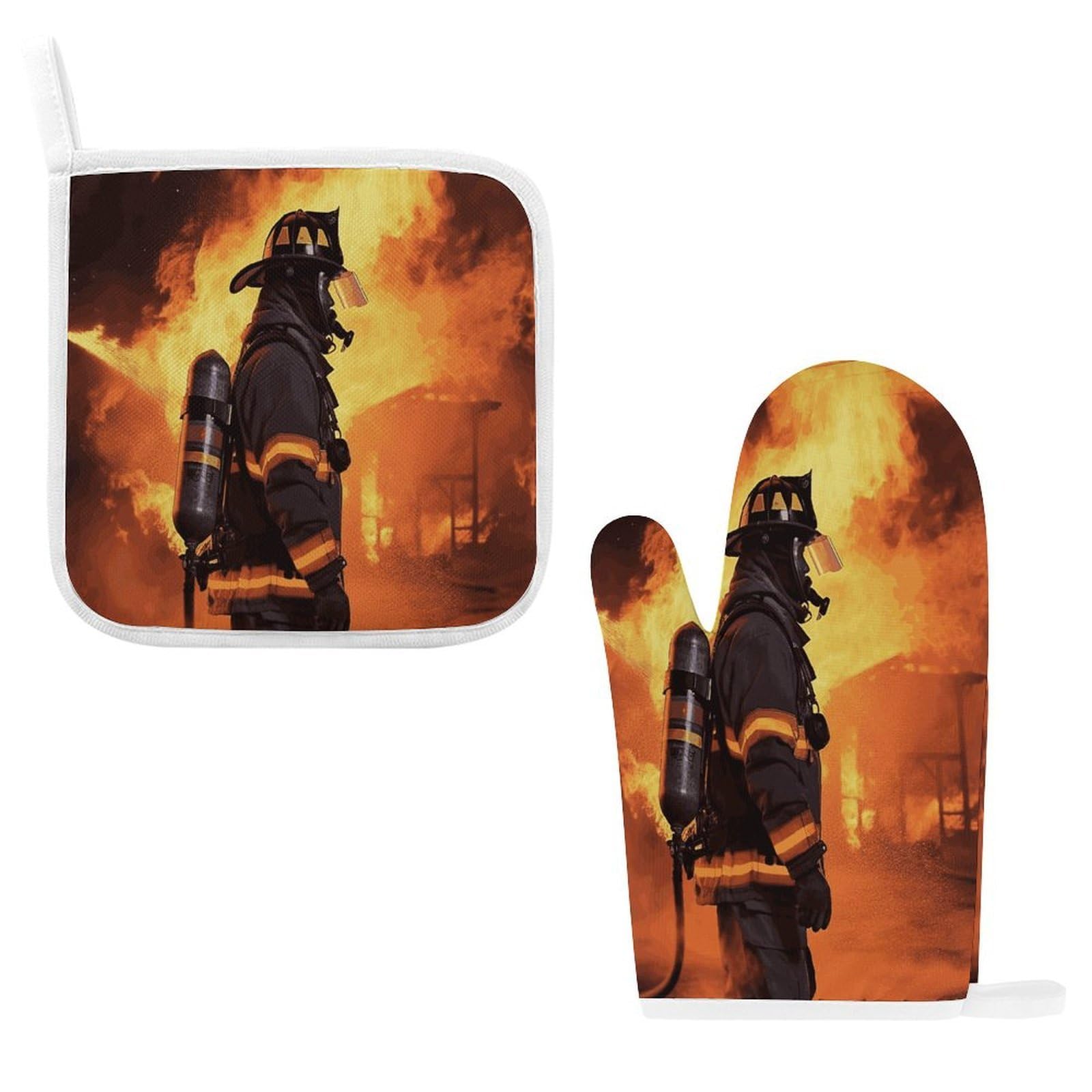 Fodpand Style Firefighter Fireman Flame Oven Mitts And Pot Holders Sets