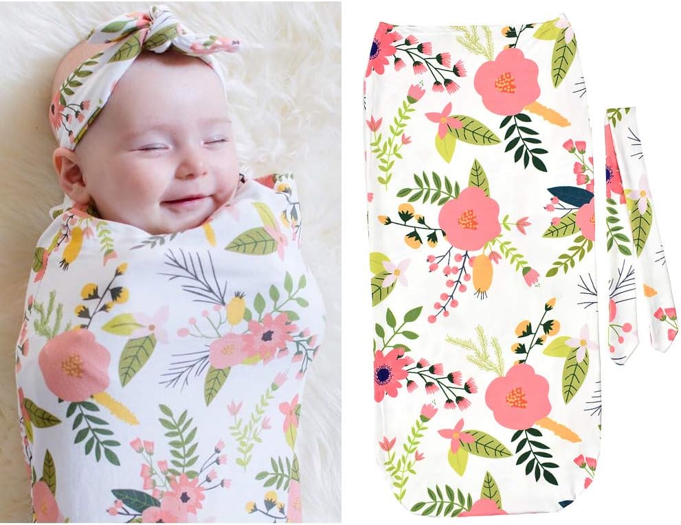 MioVatty Newborn Infant Swaddle Blanket/Swaddle Sack Floral Baby Sleeping Wrap Blanket Bag Baby Photography Props with Matching Headband 1-3 Months