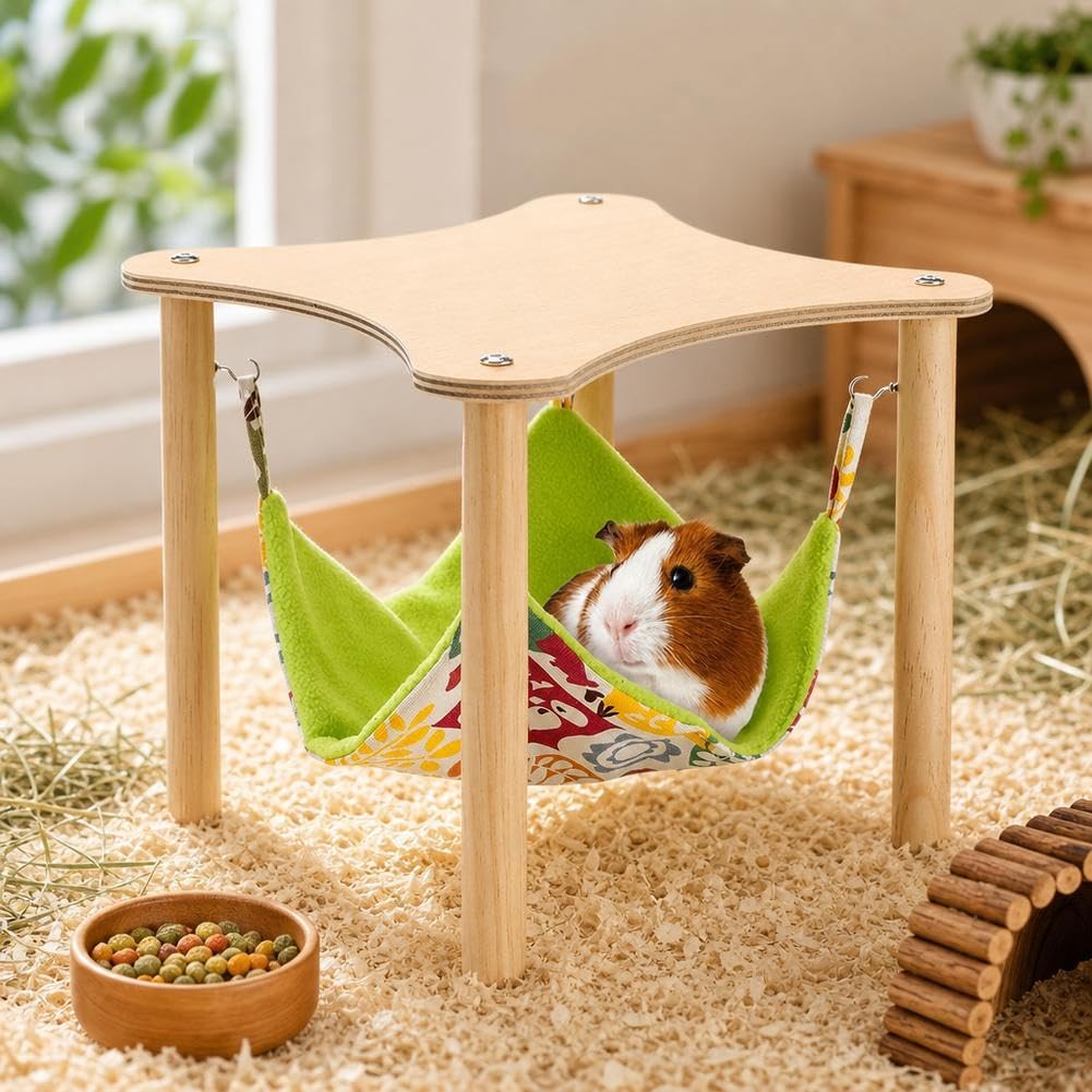 Guinea Pig Hammock with Natural Wooden Stand, Swinging Hangable Small Animal Bed, Pet Cage Hammock Hamster Toy for Squirrel Gerbil Ferret Resting Playing Sleeping Bedroom Living Room