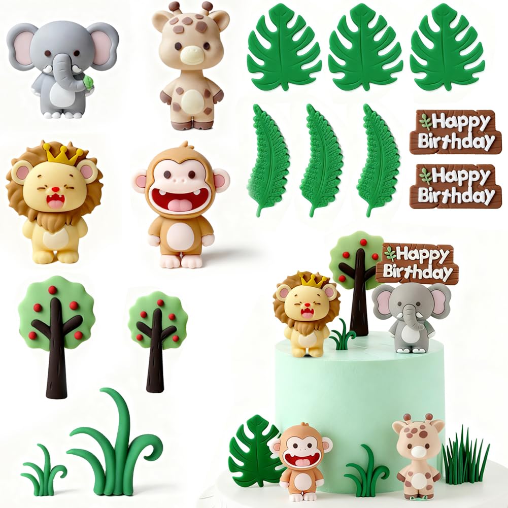 Jungle Animals Cake Decorations,17 Pcs Woodland Animals Theme Cake Topper for Birthday Includes Lion, Giraffe, Elephant, Monkey with Leaves & Trees for Baby Shower & Kids Party (B)
