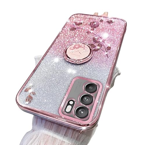 PAIYOTENG Silicone Case Compatible with Oppo A16 Case with Ring Stand, Glitter Luxury Floral for Women Men Soft Slim Anti-Fingerprint Clear Bling Protective Shell for Oppo A16 Cover (Pink)