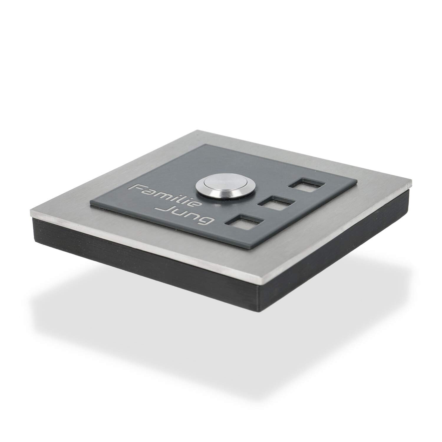 Jung-Edelstahl-Design Aufputz Edelstahl Türklingel Manhattan12AG Klingelschild 10x10 cm. Klingel kabelgebunden mit Gravur. Aufputztürklingel mit LED Klingeltaster aus Edelstahl für Ihre Haustür.