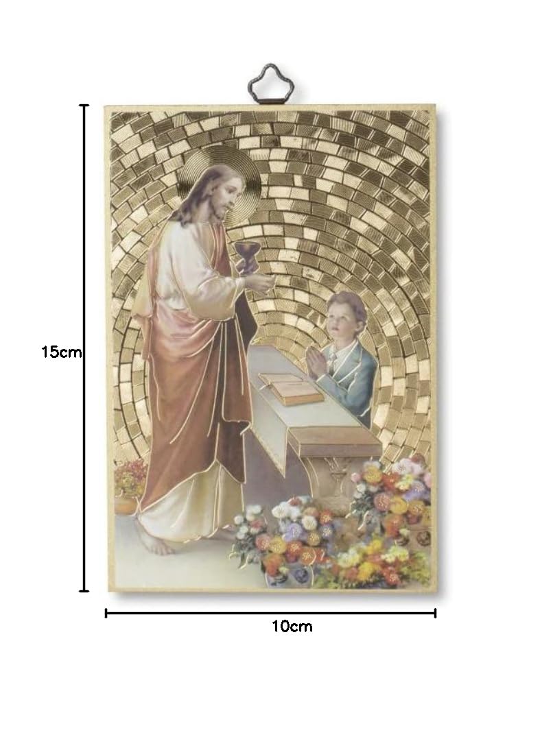 Fratelli Bonella | Quadro Sacro su legno MDF di pioppo 8mm con Mosaico in lamina dorata di un ragazzo che riceve la Prima Comunione con Preghiera sul retro 10 x 15 cm | Made in Italy