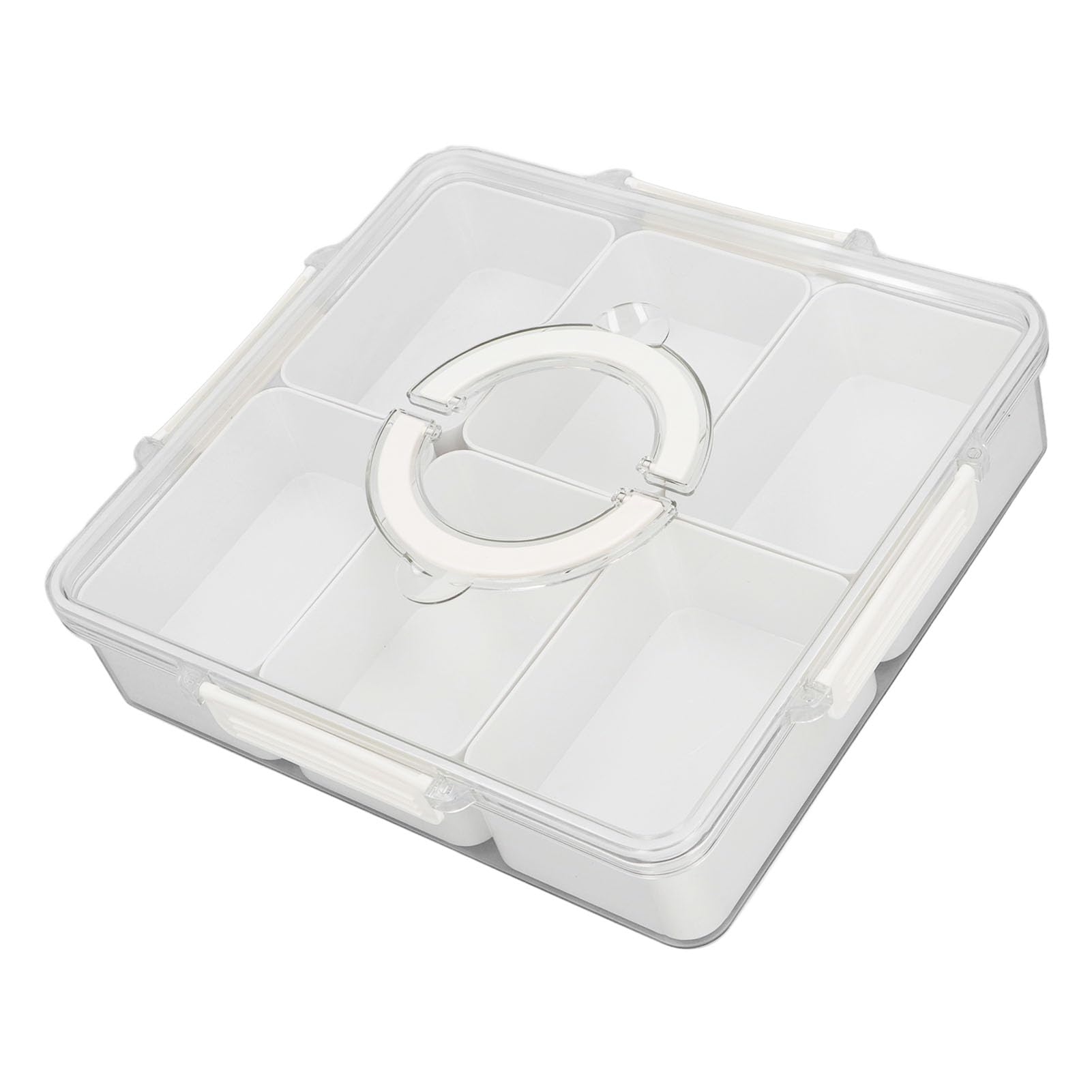 Caja Organizadora de Snackles Portátil para Cocina con 6 Rejillas y Tapa Sellada Ideal para Almacenar Frutas y Dulces 34x32x7.5cm (Blanco)