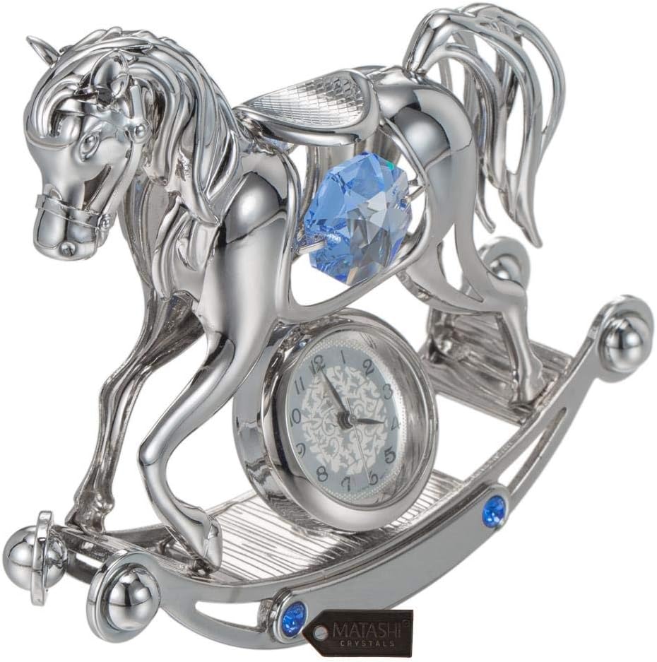 Matashi Chrome Plated Crystal Studded Silver Rocking Horse Desk Clock – Unique Gift for Mom, Wife, Grandma, Daughter – Beautiful Mother’s Day, Anniversary, Birthday Present for Home, Bedroom, Office