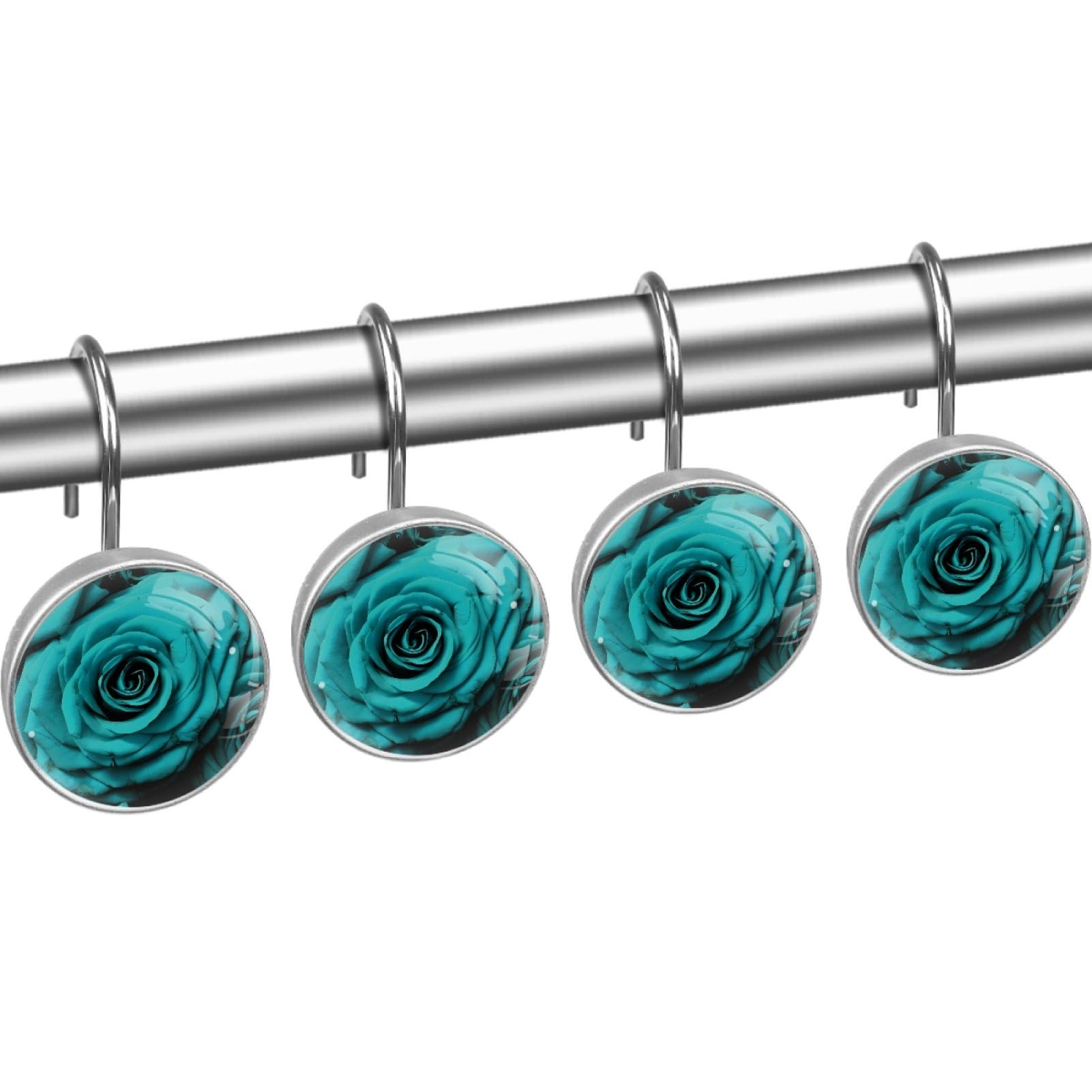Teal Romantic Rose Floral Decorative Shower Curtain Hooks Rings Set of 12 Hooks for Shower Curtain Stainless Steel Rustproof Curtain Rings for Bathroom
