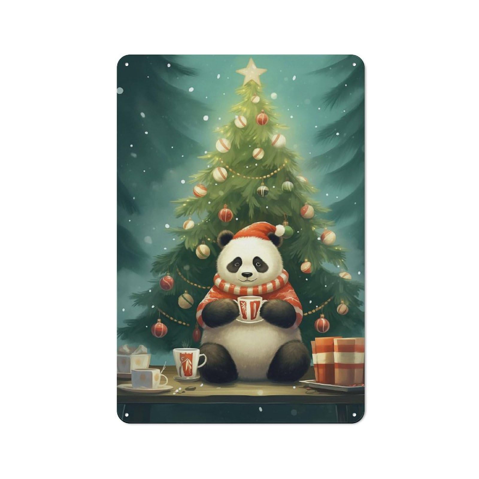Junmoney Sweet Xmas Tea Panda Vintage Metal Wall Decor 30X20cm, Garage Metal Sign For Workshop, Basement, Shed Or Games Room