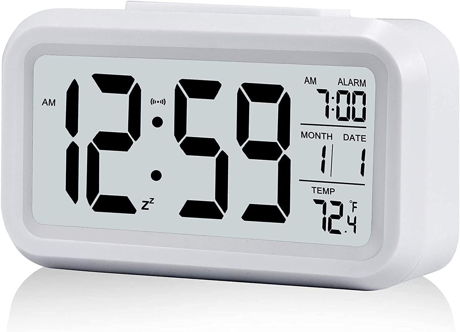 Digital Alarm Clock Table Clock for Students, Home, Office, Corporate with Automatic Sensor, Date & Temperature-Black, Plastic, 14W x 8H Centimeters (1, White)