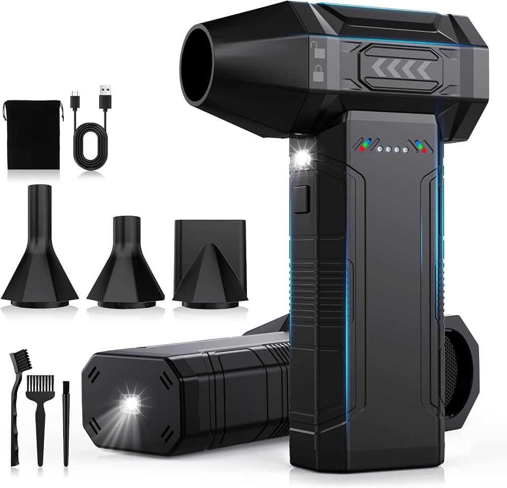 CCmall Souffleur Air Comprimé, Bombe Air Sec Souffleur PC, 200000TR/Min, Pression Max 300g, 4 Vitesses, Soufflette Air Comprimé avec LED, 4 Buse pour Le Clavier Informatique Voiture de Maison