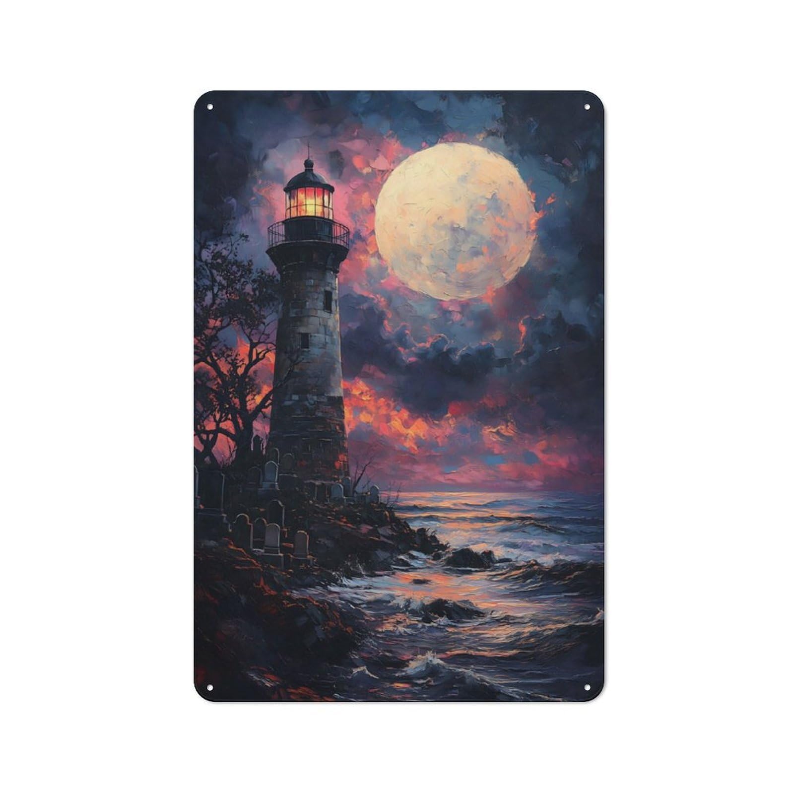 Junmoney Sunset Ocean Lighthouse Retro Vintage Tin Sign 30X20cm, Retro Room Decor For Lounge, Study, Pub Or Wall Gallery