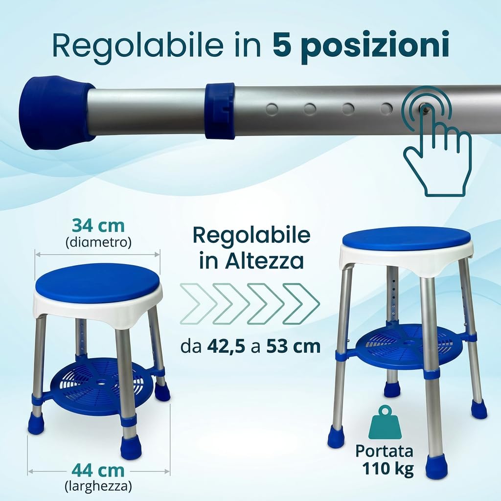 Sgabello da Doccia girevole a 360° con Cuscino Antibatterico e Ripiano Portaoggetti, con Altezza Regolabile per Anziani e Disabili Bianco