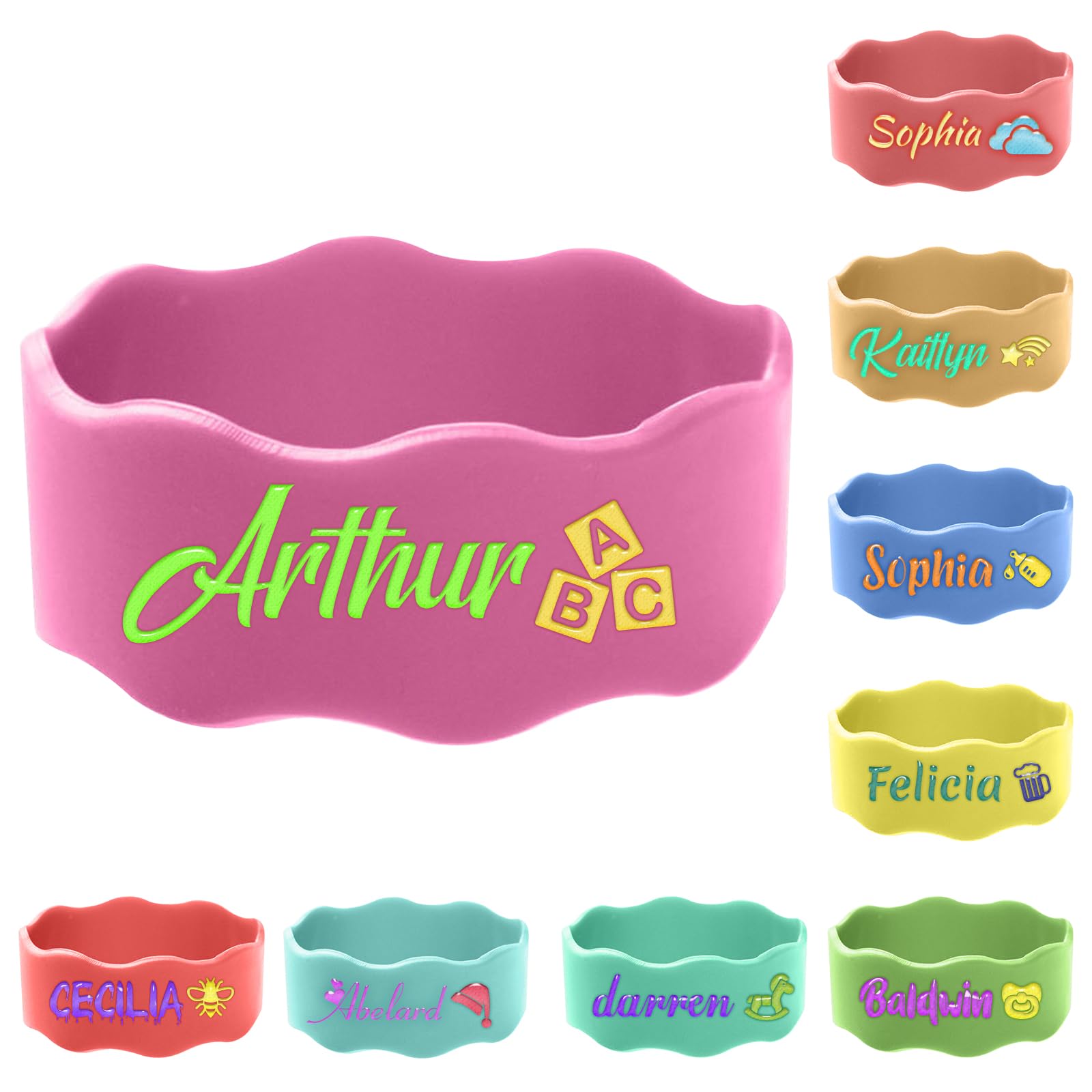 1 Pcs Personalised Water Bottle Labels, Reusable Bottle Name Bands, Daycare Labels with Name, Washable Bottle Tag, Elastic Silicone Sippy Cup Strap — image 1
