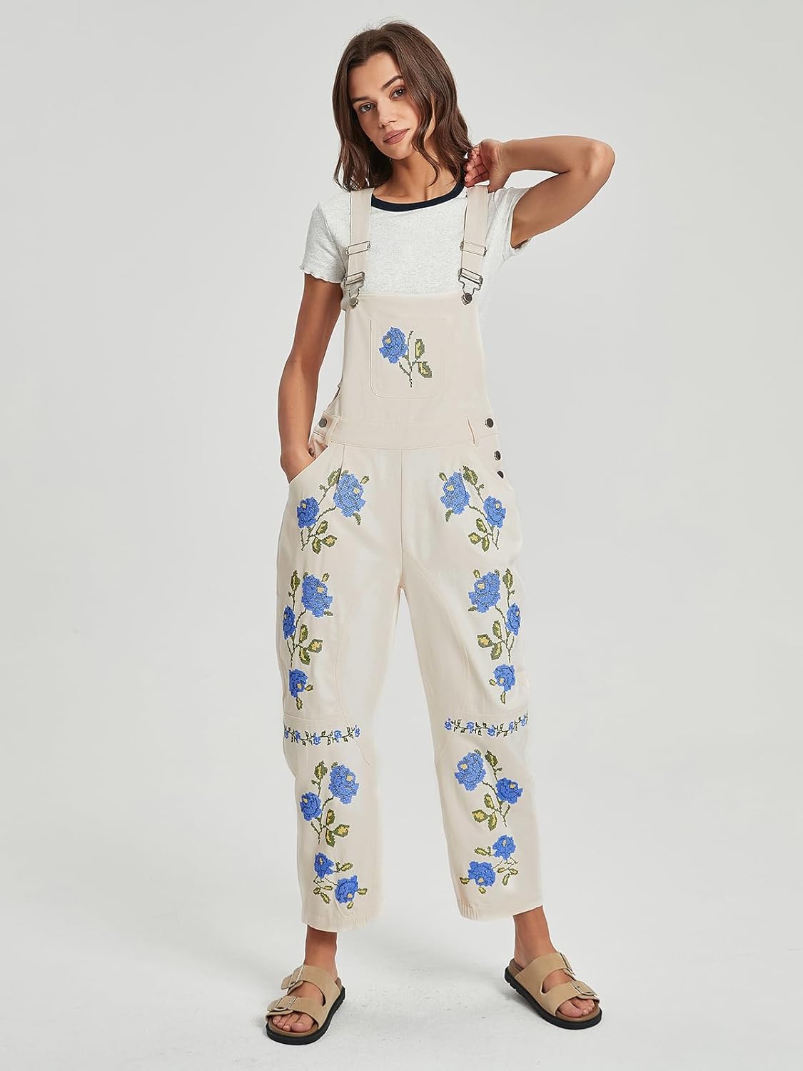 Kedera Floral Denim Overalls for Women Loose Fit Embroidered Jean Denim Bib Jumpsuit Barrel Pants Overall with Pockets