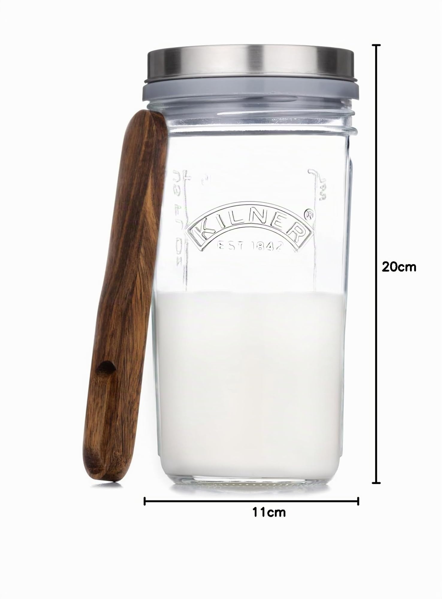 Kilner Kefir - Set di barattoli da 0,5 litri a bocca larga con tappo in silicone, cucchiaio dosatore in legno di faggio e coperchio in acciaio inox, per preparare bevande probiotiche