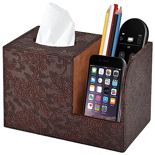 PU Leather Tissue Box Cover Square Tissue Holder Tissues Box Organizer with 2 Compartment Remote Control Holder Multifunctional Decorative Tissue Box Covers Cube Home Office Desktop Storage Box Retro