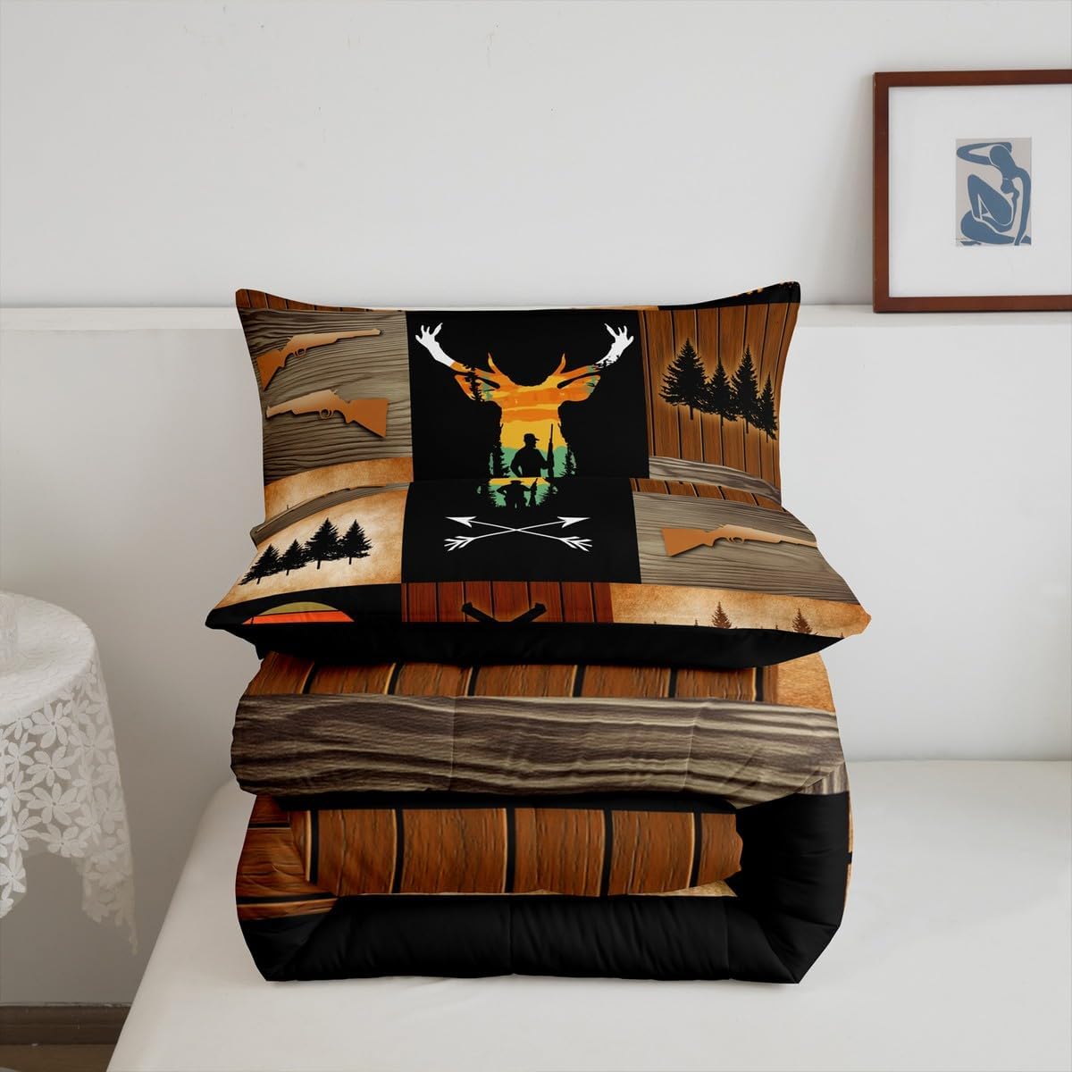 Feelyou Deer Hunting Comforter Set for Kids Boys Girls,Queen Size,Wildlife Deer Bear Wolf Bedding Set,Wild Animal Plaid Design Duvet Quilt,Western Farmhouse Comforter,Wooden Board Bedroom Decor